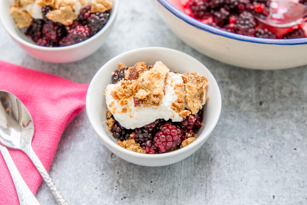 Boozy Bourbon Blackberries with Ice Cream and Salted Pecan Shortbread Crumble