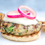 Chicken Sausage and Zucchini Burgers with Mozzarella and Marinated Red Onions