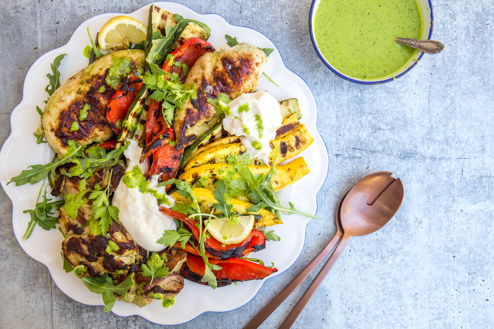 Grilled Chicken and Vegetables with Burrata and Green Sauce