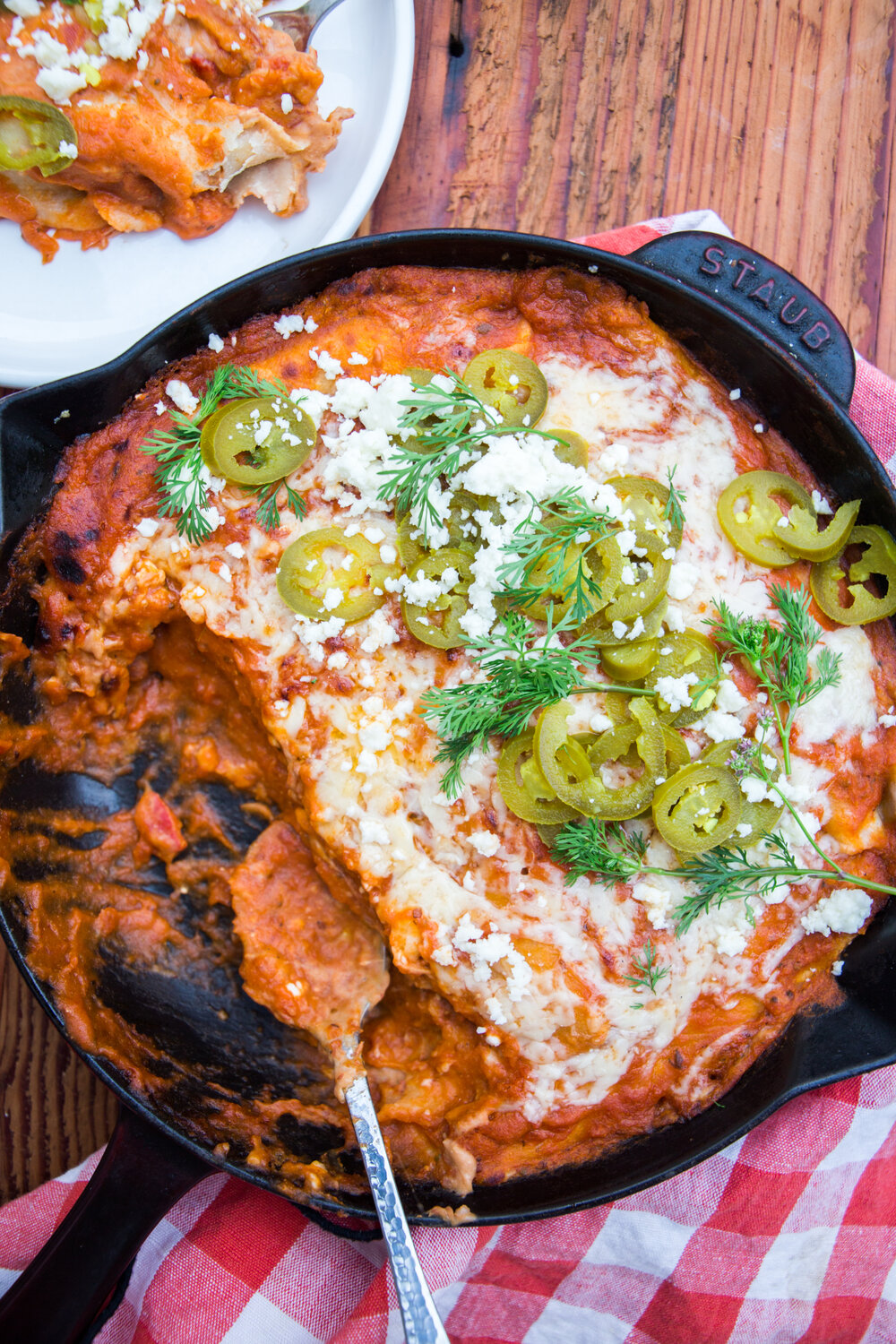 One-Skillet Refried Bean and Roasted Red Pepper Enchiladas