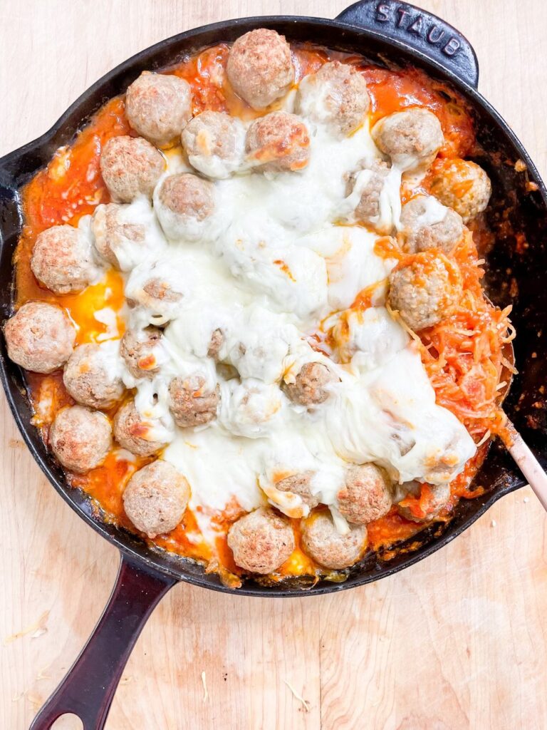 Cheesy Baked Spaghetti (Squash) and Meatballs