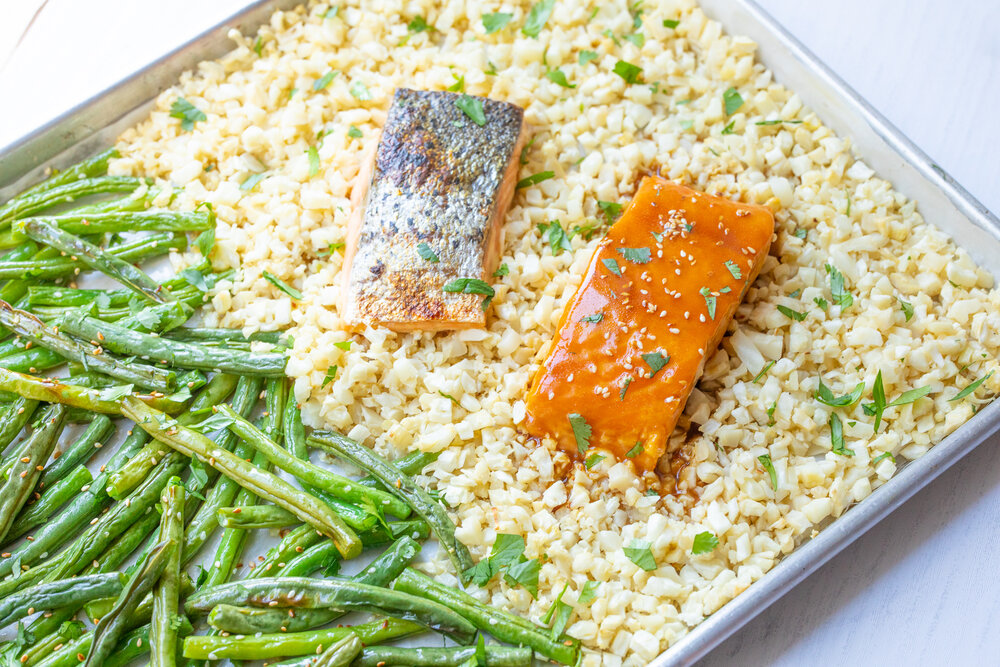 Sheet-Pan Teriyaki Salmon with Cauliflower Rice and Sesame Green Beans