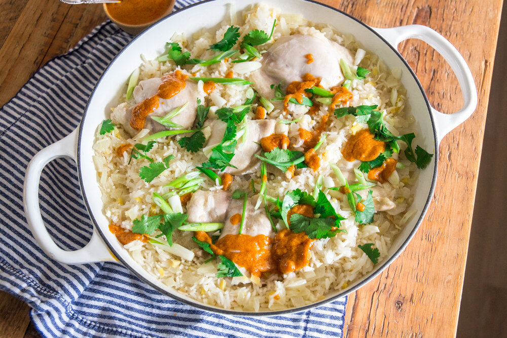 One-Pot Chicken and Cauliflower Rice with Almond Coconut Curry Sauce